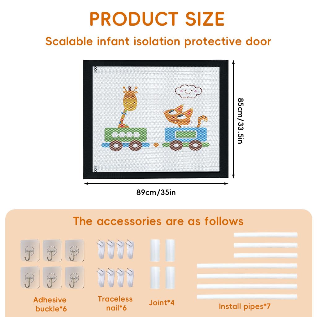 SNOWIE SOFT Retractable Kids Safety Mesh Door Barrier for Room and Stairway 89x85cm with Hook and Loop Closure