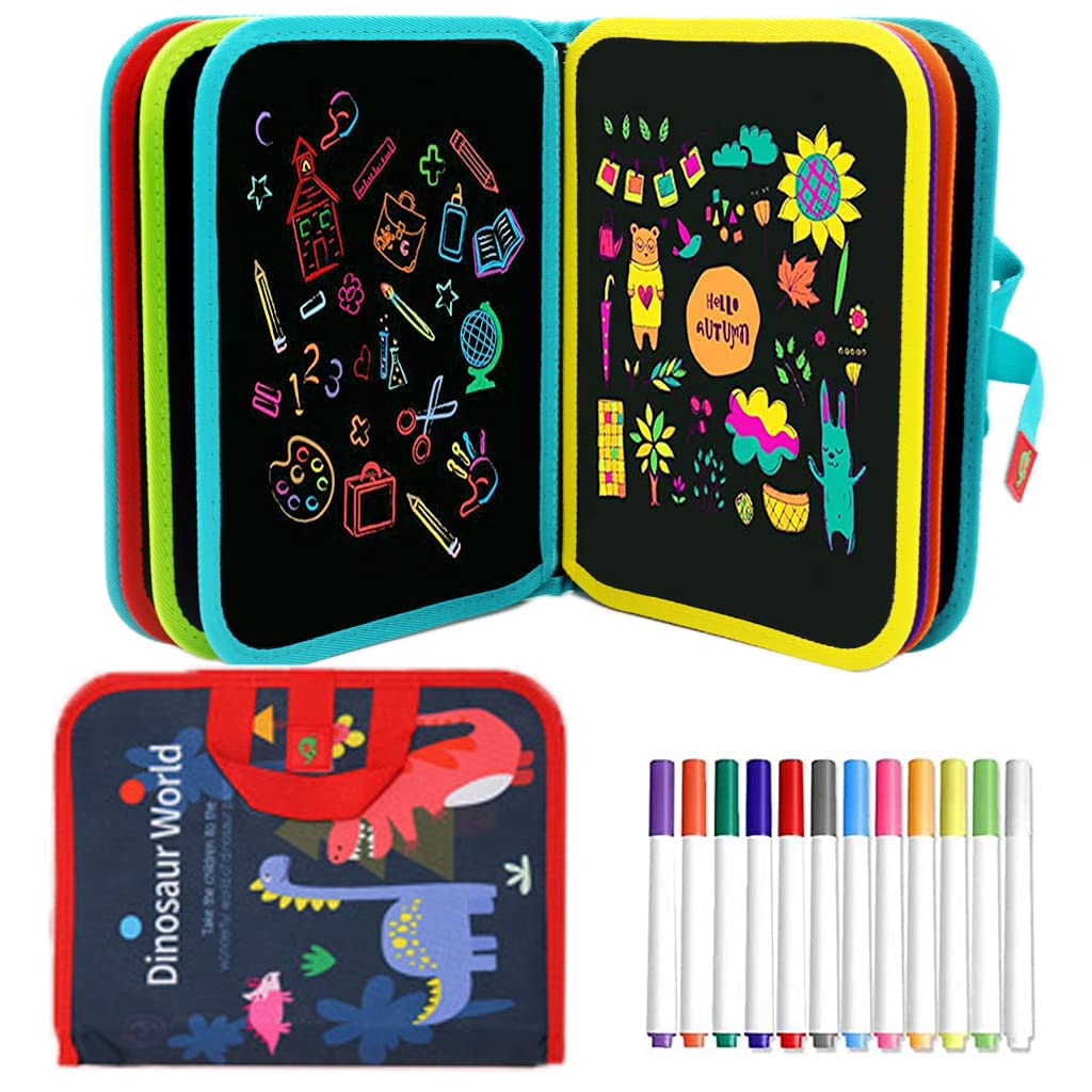 PATPAT® Erasable Doodle Book for Kids Big Size, Magical Drawing Book 14 Pages Reusable Drawing Pads with 12 Water-Soluble Chalk Markers, Portable Busy Board Drawing Board for Kids Boys Girls