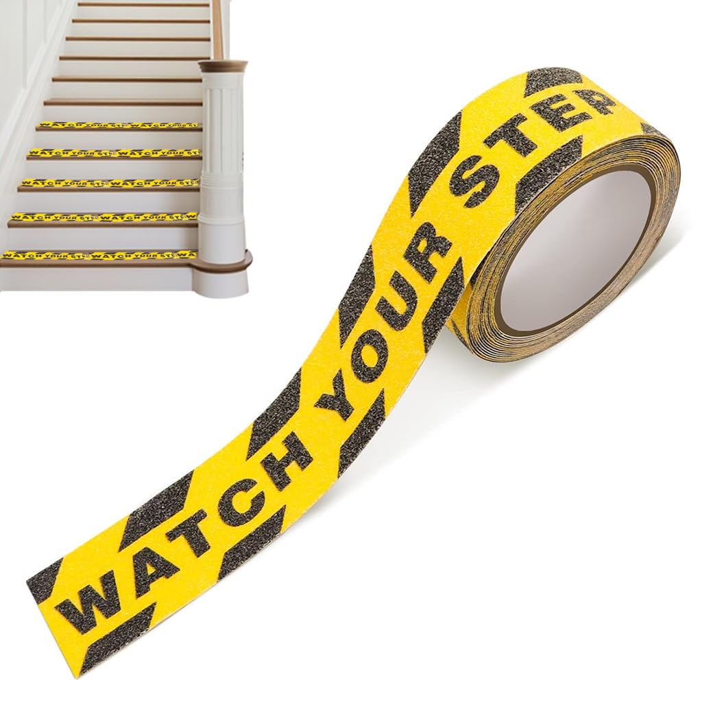 Serplex® Caution Tape' Watch Your Step' Anti-skid PVC Warning Tape 1.97 Inches x 16.4 Ft Caution Tape Self Adhesive Matte Anti-slip Visual Warning Floor Tape Stair Tape Safety Tape