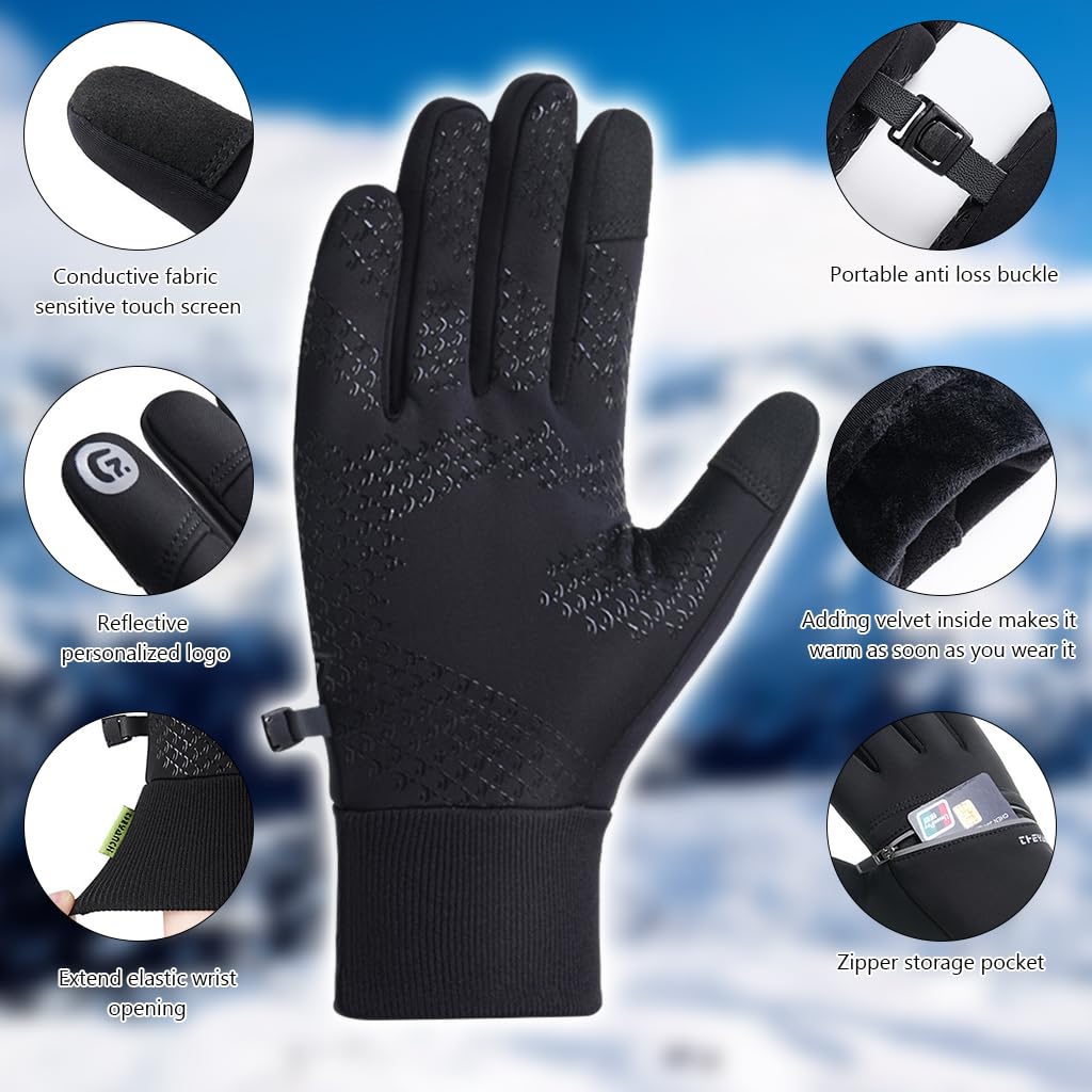 Proberos Riding Gloves for Winter Bikers with Anti Slip Silicone Grip and Plush Liner | Touchscreen Fingertips and Zipper Pocket
