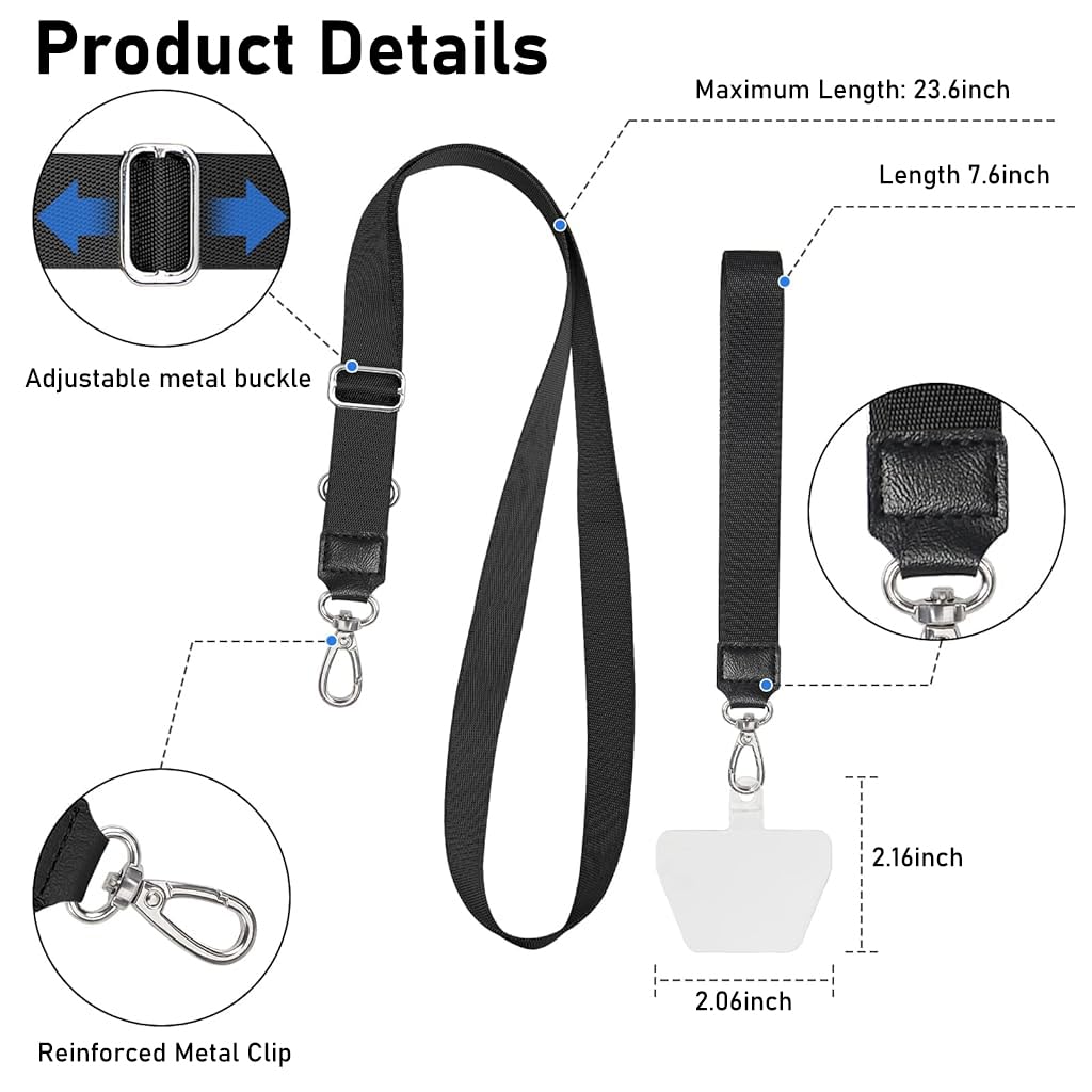 ZORBES Phone Lanyard Phone Hand Strap Set Phone Neckstrap for All Phone Case Adjustable Black Phone Sling with 2 Self-Adhesive Inserts Phone Sling Hand Strap, Not Includes Phone Case