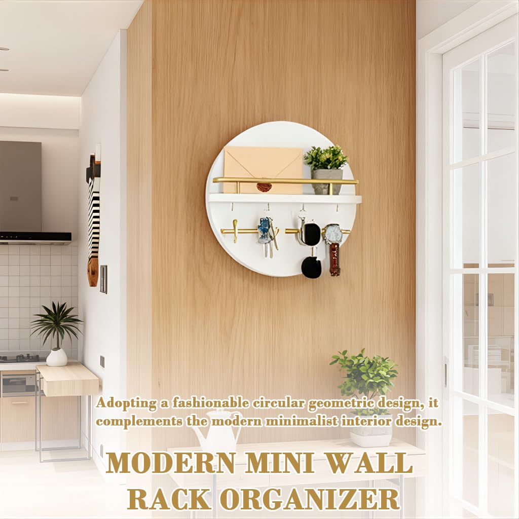HASTHIP Wall Shelf for Entryway with Key Hook Rack and Sturdy Cross Bar Support | Modern Wooden Round Geometric Design