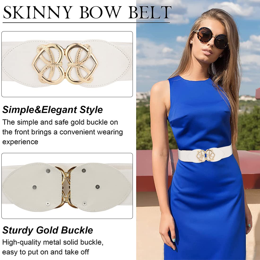 PALAY Women Retro Wide Elastic Waist Belt featuring Alloy Buckle 63cm White for Dresses