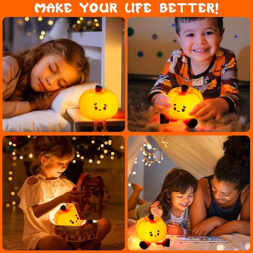 Verilux® LED Pumpkin Man Night Light Home Decor Silicone Pumpkin Man Night Light with 30 mins Auto Off Yellowish Cute Halloween Desk Illuminated Decoration USB Rechargeable LED Kids Room Night Light