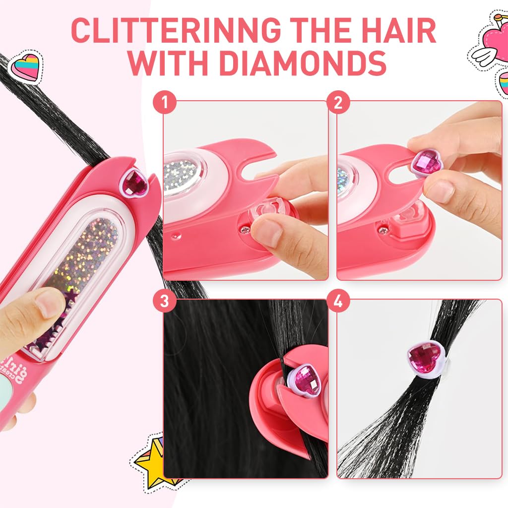 PATPAT Hair Gem Stapler with Kit 24pcs Reuseable Gem Patch Girl Quick Hair Gems for Teens Girl Hair Dressing Braid Gem Stamper Hair Stylish for Birthday Party Hair Styling Tool Girls Gifts