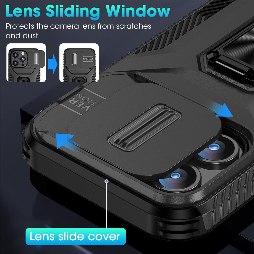 ZORBES Phone Case for iPhone 15 6.1 inch with Folding Ring Grip and Sliding Camera Cover | PC Anti Scratch Black Cover