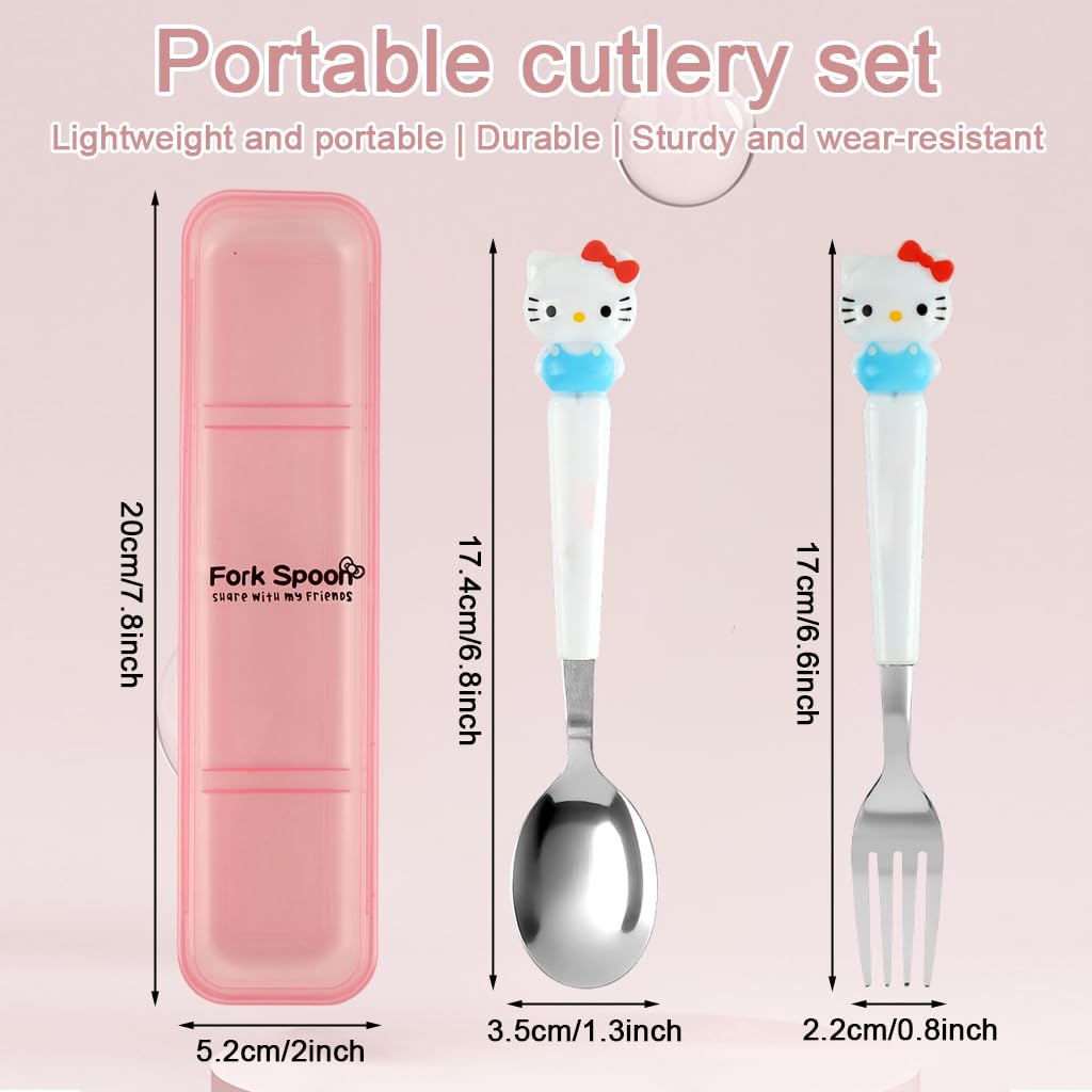 Supvox Cute Kitty Charm Spoon & Fork Combo Set for Kids and Adults 7.87 in | Stainless Steel with Storage Case