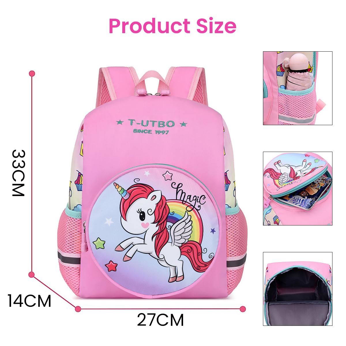 Venzina Unicorn School Bag for Girls with 26×12×32cm Large Compartment and Dual Zippers | Ergonomic Padded Design