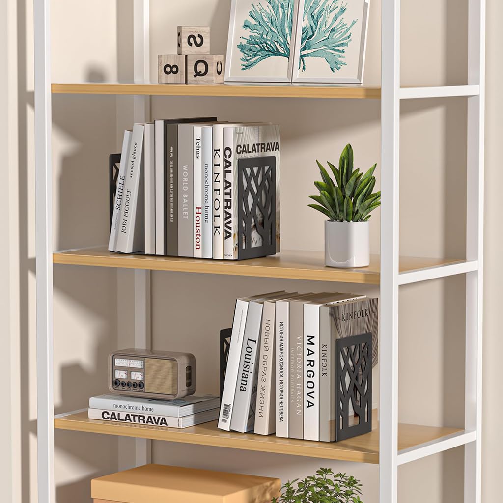 ZIBUYU Metal Bookends for Desk with Non Slip Rubber Base and Tree Design | 2Pcs 16cm Black