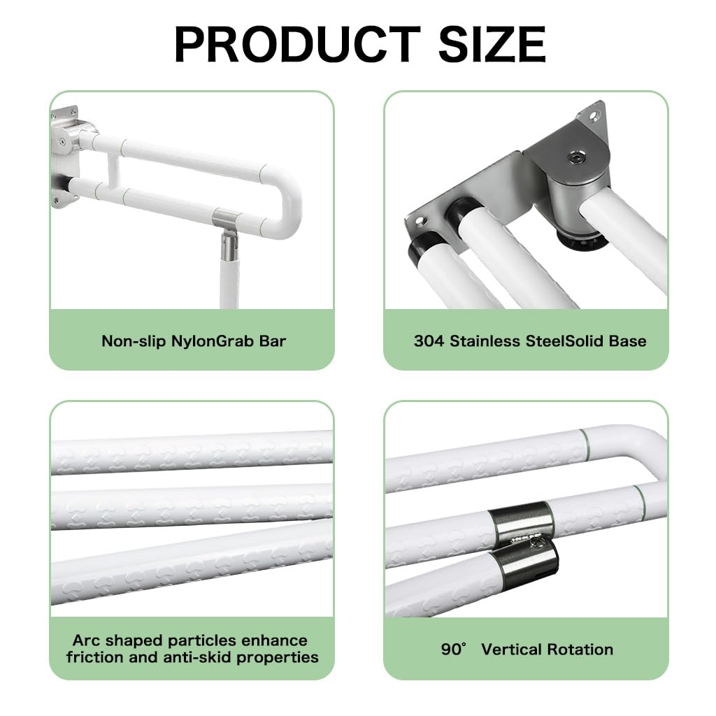 HANNEA Toilet Grab Bars for Bathroom 23.6 inch with Foldable U Design Aluminium Alloy Support for Seniors
