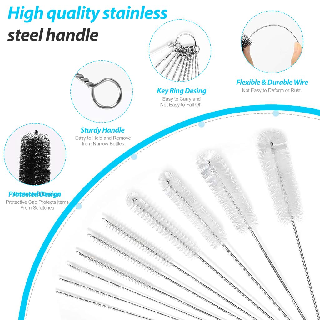 ZIBUYU Straw Cleaner Brush for Reusable Straws with Stainless Steel Handle and Nylon Bristles Pack of 10