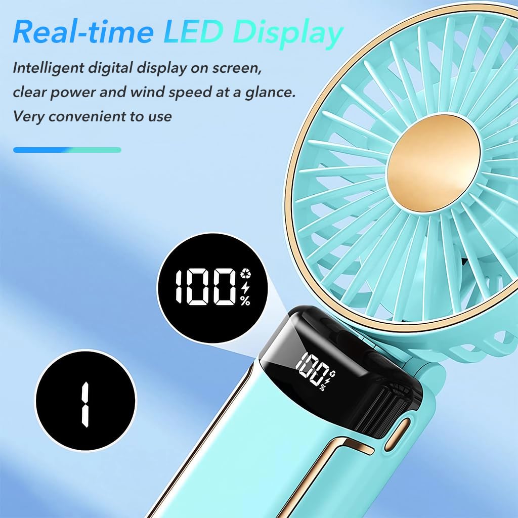 Verilux® Handheld Fan Portable Fan, 2400mAh Rechargeable Mini Hand Held Fan Foldable Desk Fan with 5 Speeds LED Display Personal USB Fan for Travel Home Office (Green)