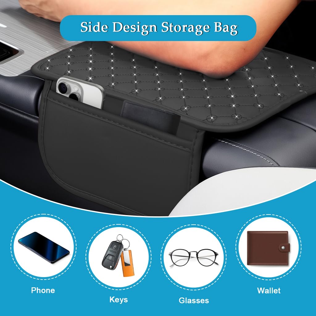 STHIRA Car Arm Rest for Center Console with Storage Pouch and Rhinestone Quilting 30x20cm