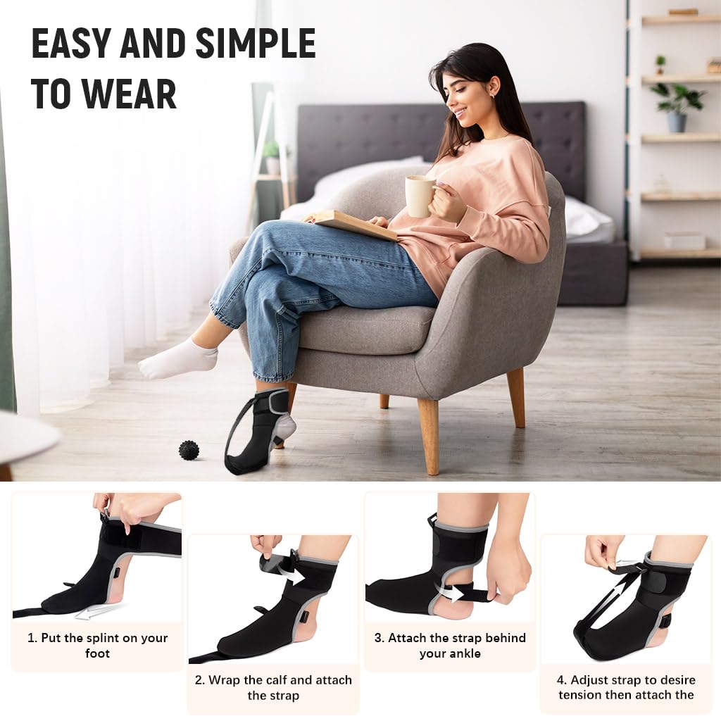 HANNEA Plantar Fasciitis Night Splint Sock for Foot Drop and Heel Pain Relief | with Adjustable Straps and Massage Ball
