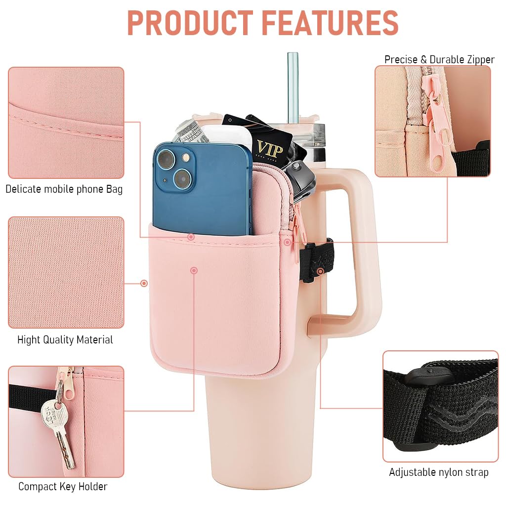 HASTHIP® Water Bottle Pouch for Stanley, Gym Accessories with Adjustable Strap for Women, Sports Water Bottle Tumbler Pocket for Phone, Card, Keys, Cash, Pink