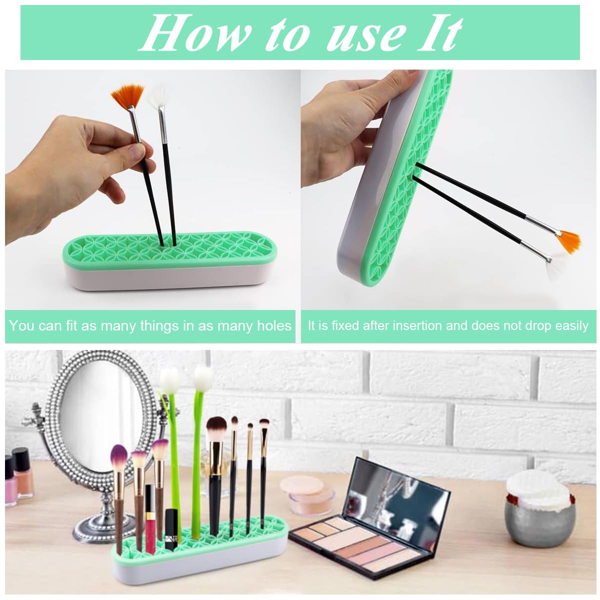 MAYCREATE Makeup Brush Organizer for Dressing Table with 21x5x3.5 cm Multi Slot Silicone Stand | Space Saving Green Storage and Drying Holder