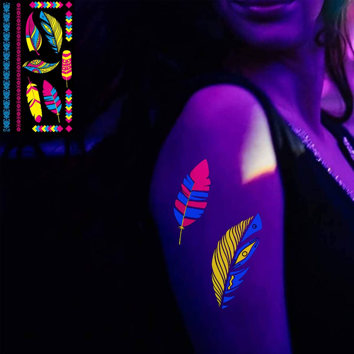 MAYCREATE Temporary Tattoos Stickers for Party and Rave featuring 10 Sheets 17×9.6cm Glow in the Dark Designs | Waterproof UV Neon Body Art for Men and Women