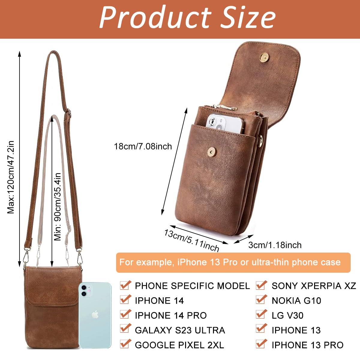 PALAY Crossbody Phone Bag Fashion Women Mini Purse Bag Fashion Vintage Brown PU Leather Phone Bag Casual Card Bag Evening Sling Bag Purse Bag Multi Pocket Mini Crossbody Bag for Daily, Travel