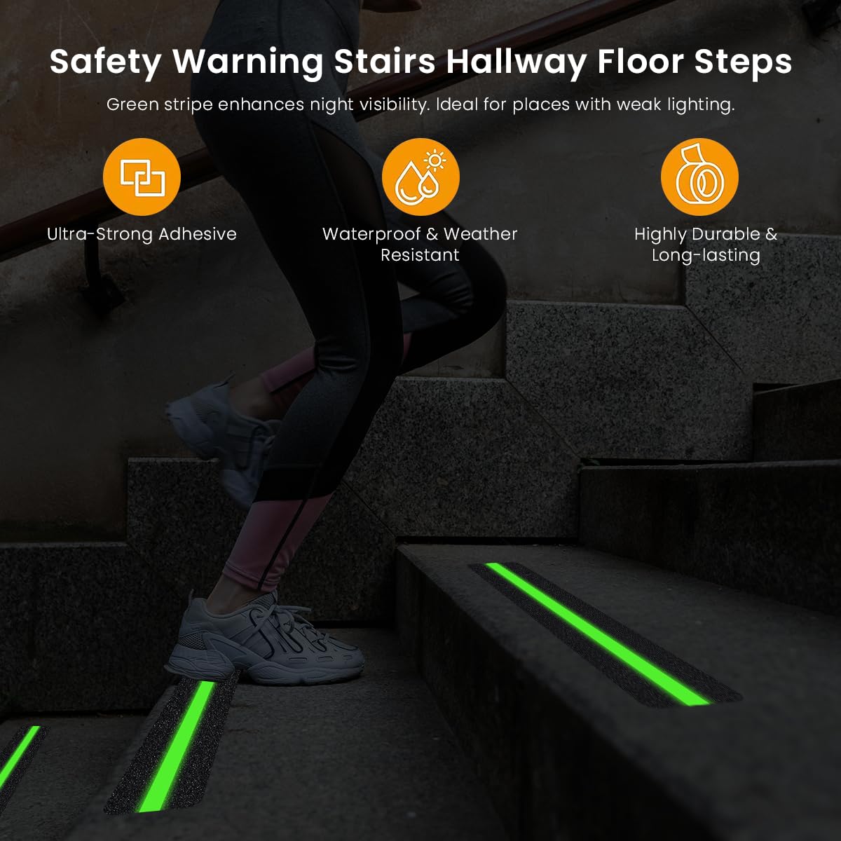 HASTHIP Glow in The Dark Anti Slip Traction Tape for Stairs featuring 10 Pre Cut 2 x 12 in PEVA Strips | Eco Friendly and Residue Free Removal
