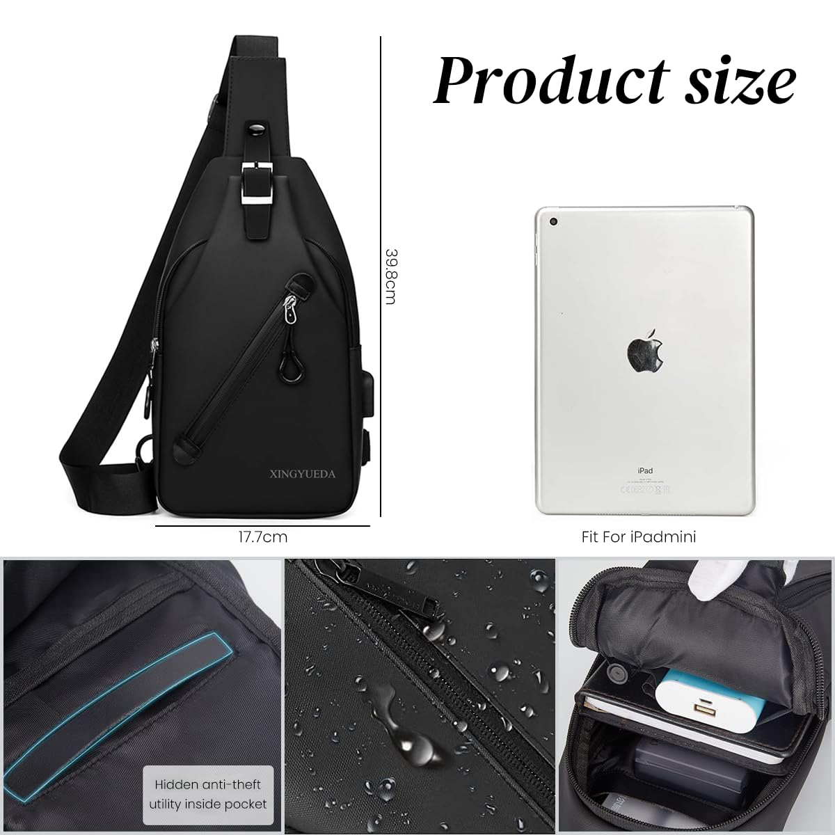 GUSTAVE Sling Bag for Men with Adjustable Strap and Anti Theft Buckle 16×7×32cm Black