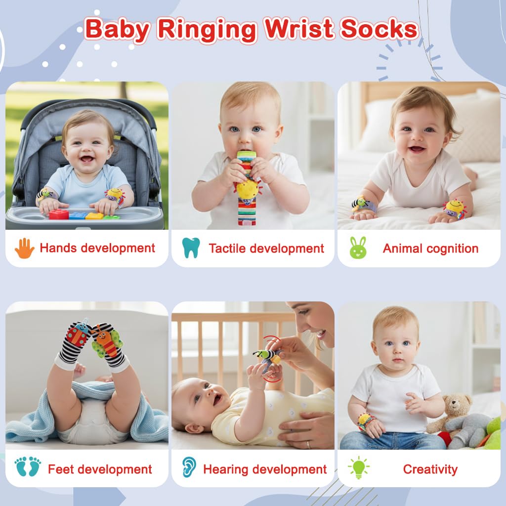 SNOWIE SOFT Baby Rattle Socks Set with Wristband Plush Toys for Infant Sensory Play