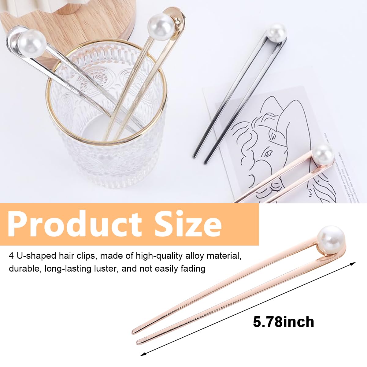 MAYCREATE® 4Pcs Pearl Hair Stick for Buns, Metal Juda Pin U Pin for Hair, 5.8in Large Hair Pins for Women Stylish Chignon Hair Bun Stick Hair Bun Accessories Girls Gift