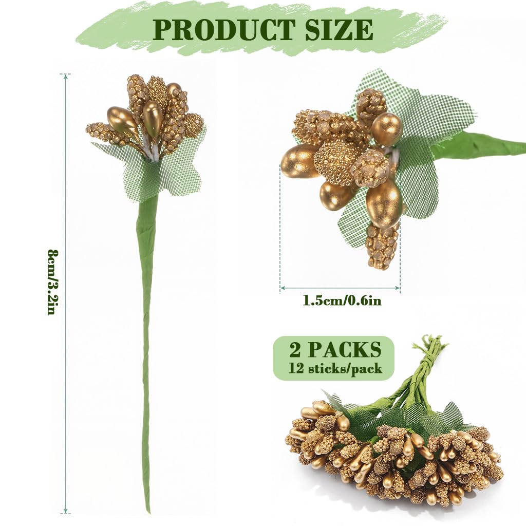 HASTHIP Artificial Flower Bunch for Weddings and Home Decor with 12 Branches & 80mm Length | Featuring Gold Beads and Green Mesh Design