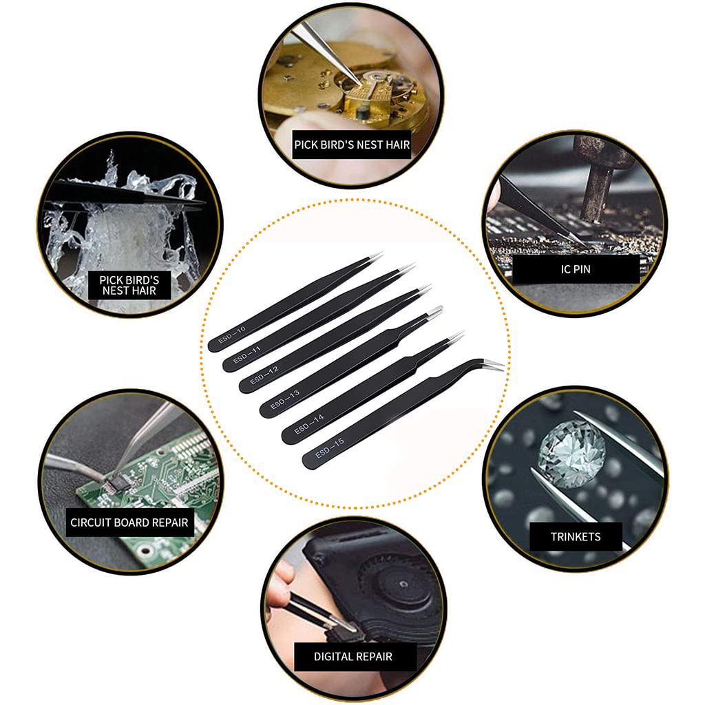 HASTHIP Tweezers Set for Electronics and Craft with Anti Slip Matte Handle | 6 Pcs Stainless Steel Precision Tools
