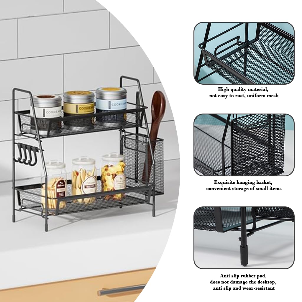 HASTHIP Desk Organizer Rack for Office and Kitchen Use with Double Layer Storage 35.5x20x33 cm | Metal Mesh Design and Side Hanging Case