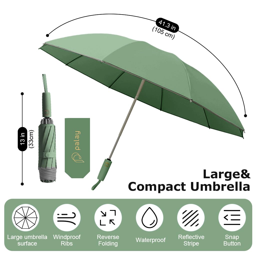 PALAY Auto 3 Fold Large Umbrella for Travel with 50in Canopy and 10 Dual Ribs | Green UV Shield