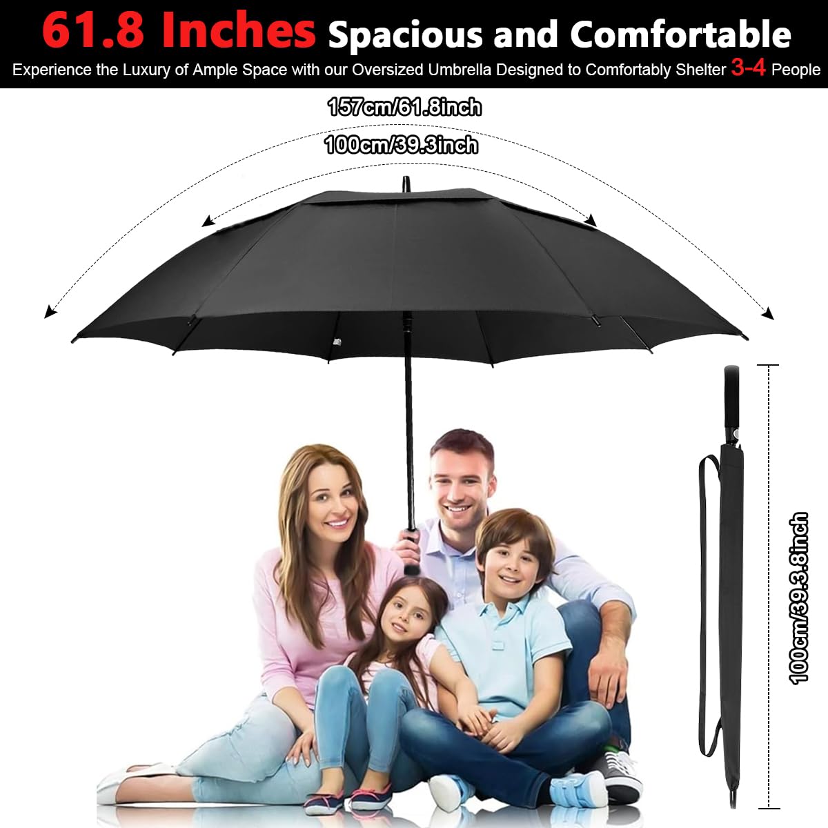 HASTHIP Big Umbrella for Men with 52 in Canopy and 8 Vent Windproof Design | Black Golf Use