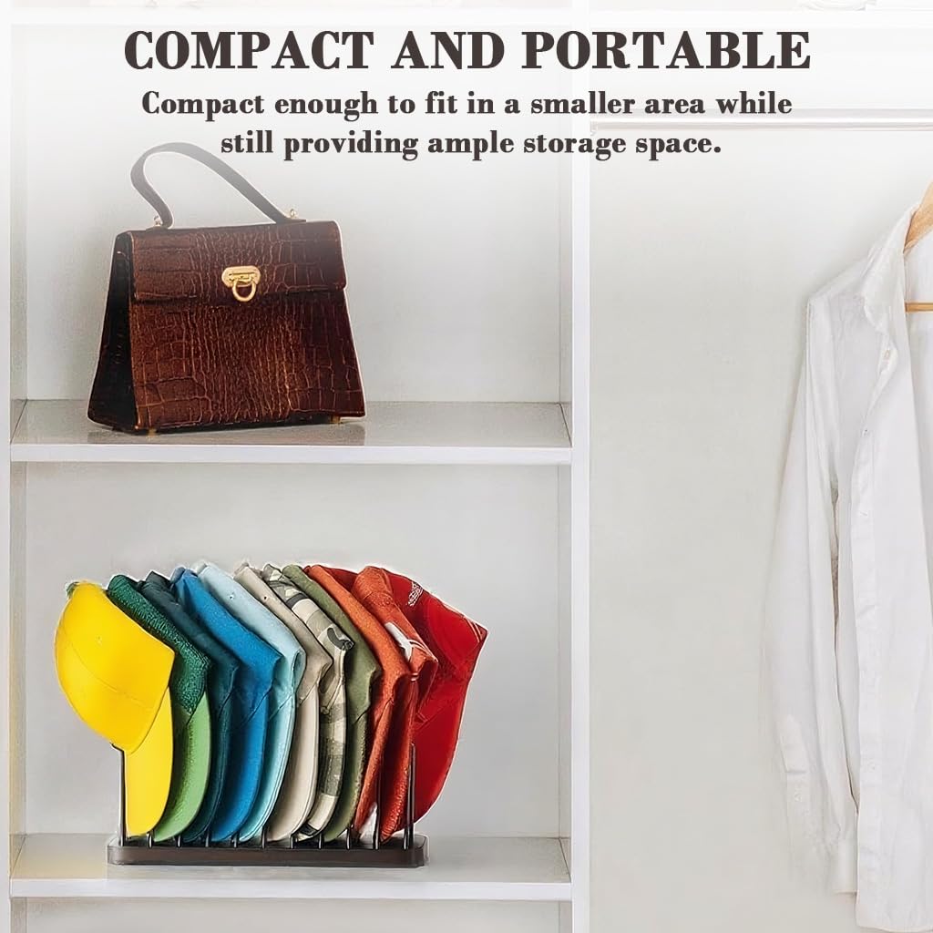 HASTHIP Hat Organizer for Desk and Shelf Display with 10 Slots and Wooden Base | 26.5x10x10cm Metal Wire Cap Holder