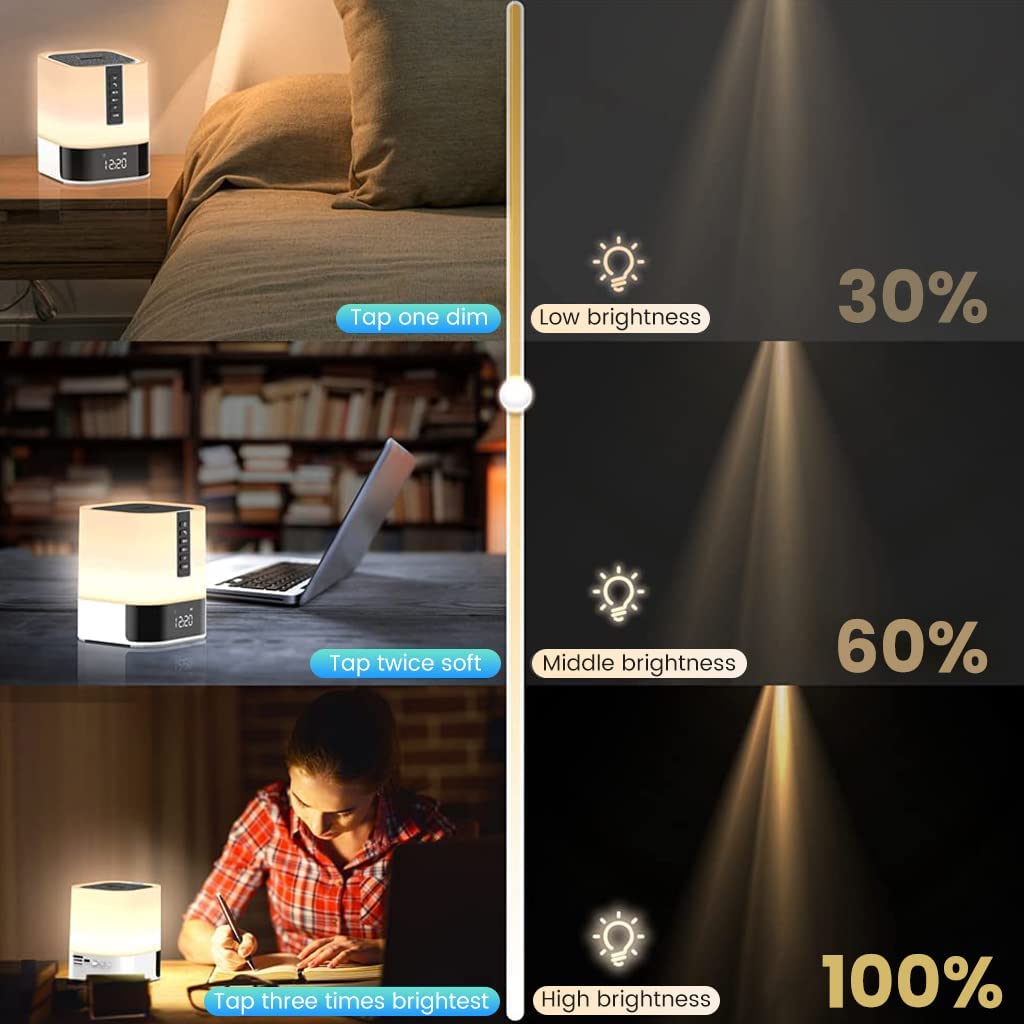 HASTHIP® Night Light Bluetooth Speaker, Wireless Light Touch Light, Alarm Clock Bluetooth Speaker Touch Control Bedside Lamp with White Noise, Support Remote Control, TF Card, U Disk, Brightness Adjusting