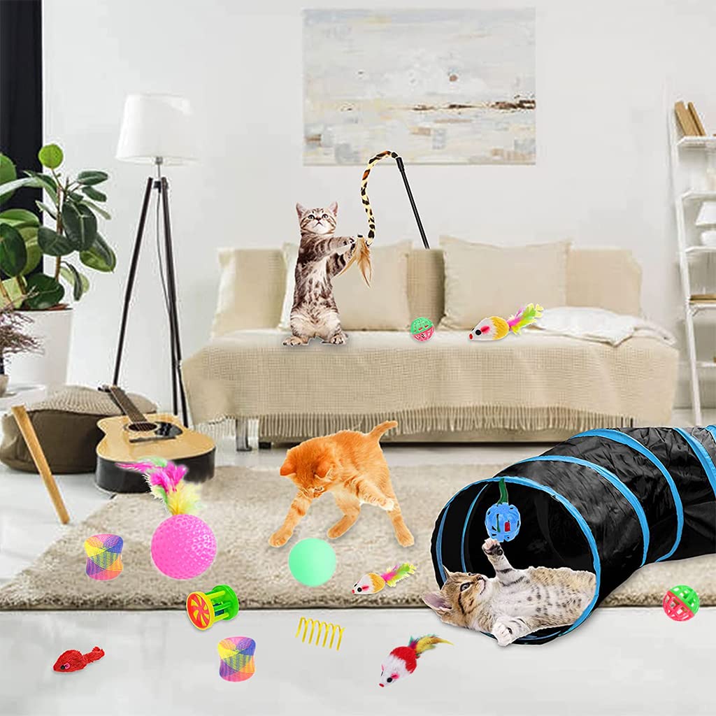 Qpets Cat Toys Set for Indoor Cats with 22 Pcs Tunnel and Feather Teaser | Fun Gift Kit