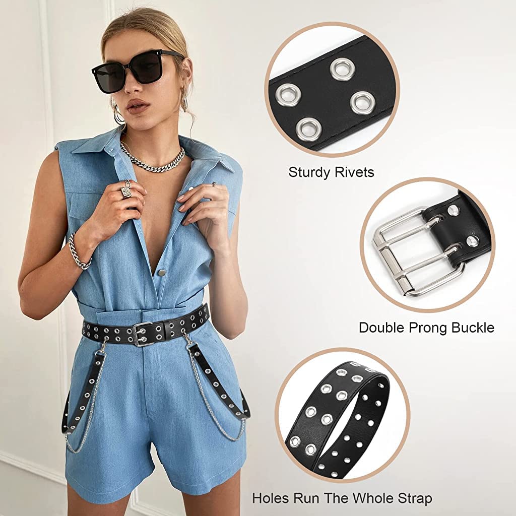 PALAY® PU Leather Punk Belt with Chain Double Grommet Belt for Women Black Waist Belt with Metal Chain Double Prong Belt for Jeans Pants