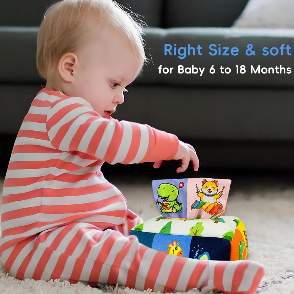PATPAT Soft Tissue Box Toy for Baby 6–18 Months with 8 Sheer & 3 Crinkle Fabrics | Montessori Sensory Play