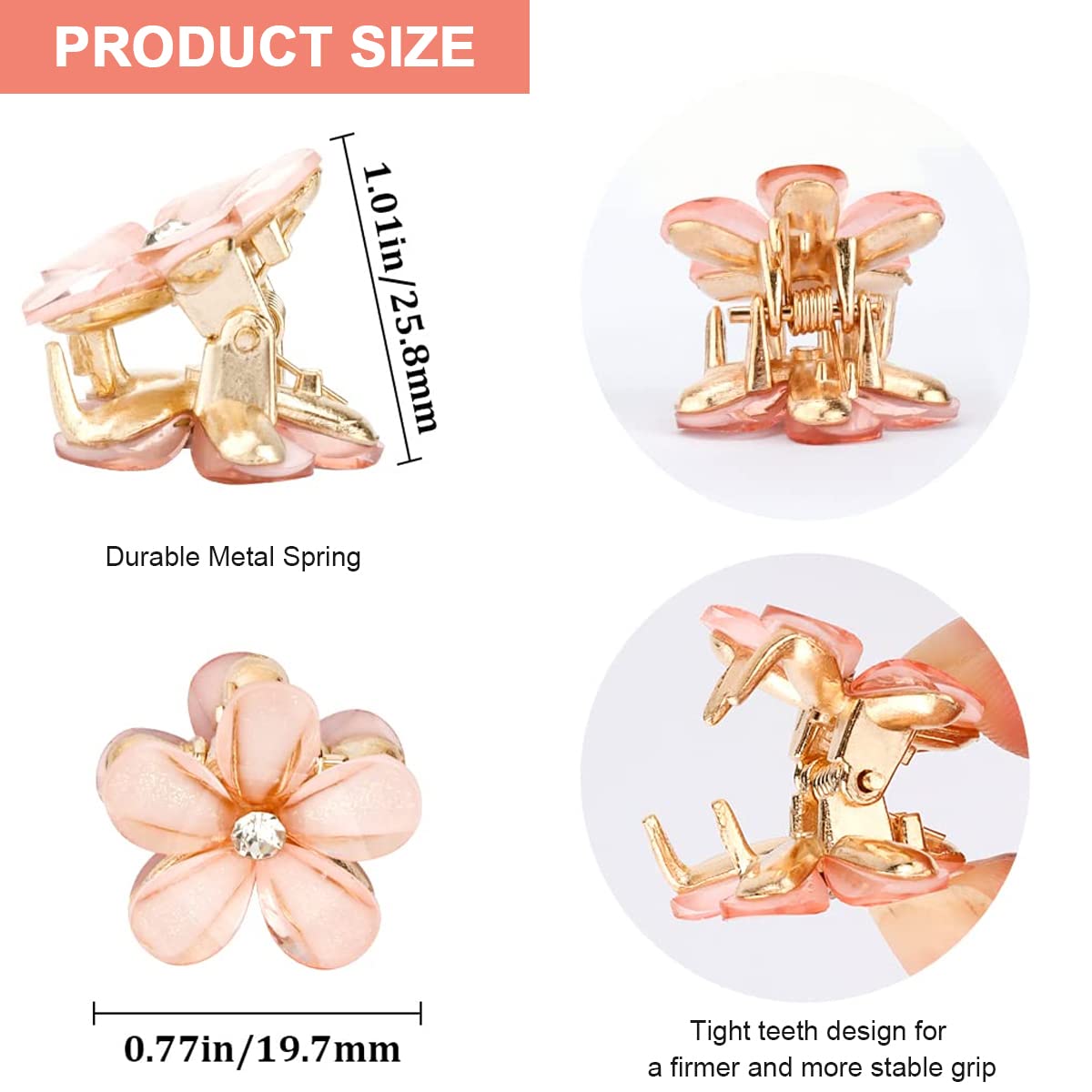 PALAY Mini Hair Claw Clips for Women with Metal Spring Grip and Alloy Resin Flowers | 8pcs
