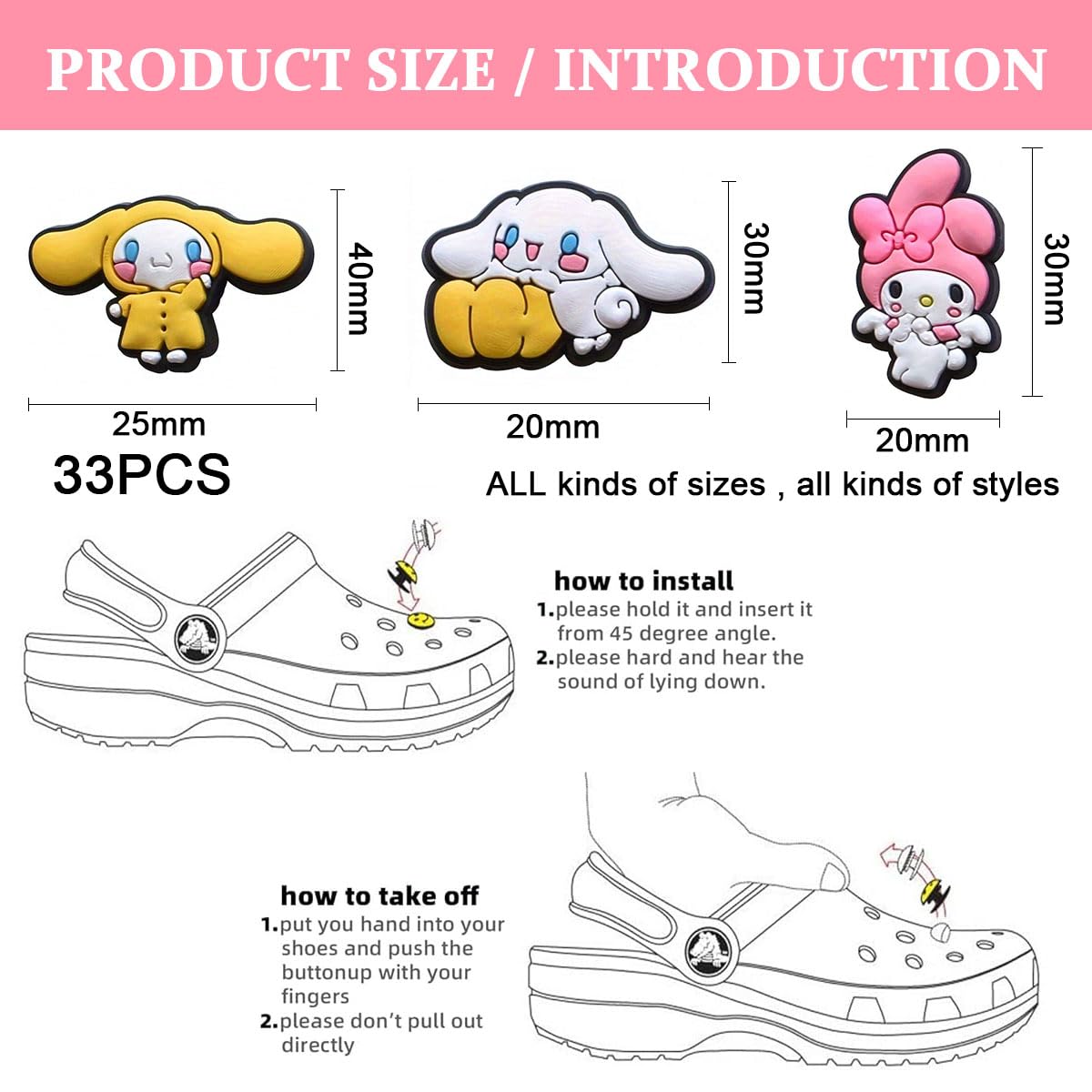 HASTHIP® 33Pcs Kawaii Clog Charms Sanrio Cartoon Shoe Charms PVC Cinnamoroll Slipper Charms for Girls Sanrio Charms for Clogs Slipper Casual Clogs Decoration Charms Fashion Clogs Charms