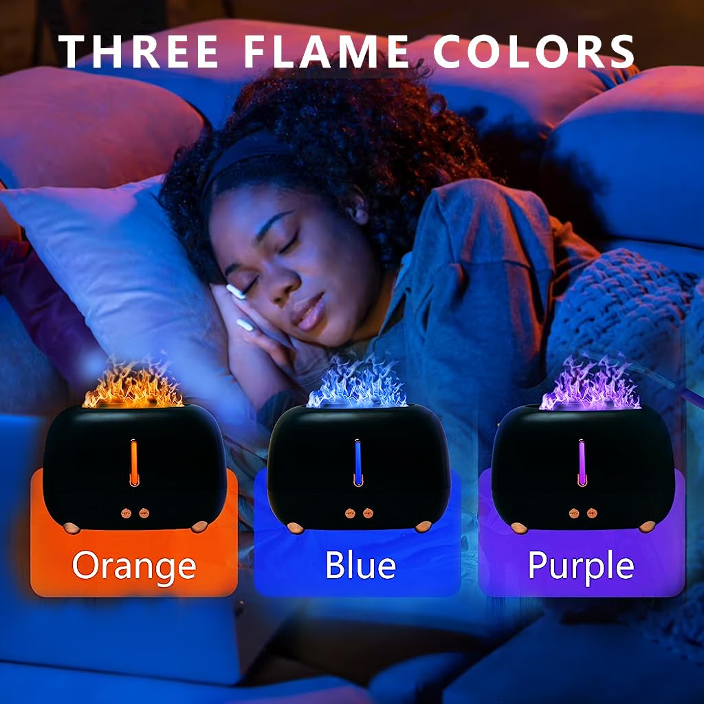 HANNEA Flame Humidifier for Room with 250ml Tank and 3 Color Ultrasonic Mist Light | Auto-Off