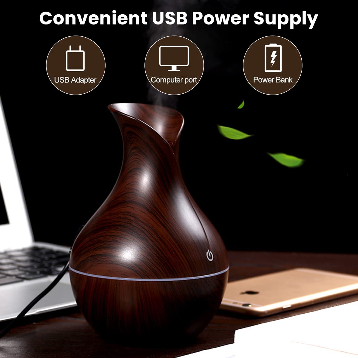 HANNEA Humidifier for Room featuring 7 Color LED Light and Touch Switch | 130ML Wood Grain Vase Design