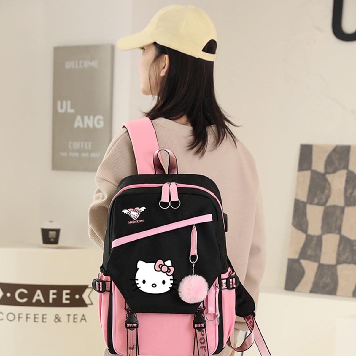 PALAY® Hello Kitty Teen Girls Laptop Backpack, Travel School Bag with USB Charging Port and Headphone Jack, Girls Large Backpack 14 Inches Laptop Bag Cartoon Backpack School Gift for Kids (Pink)