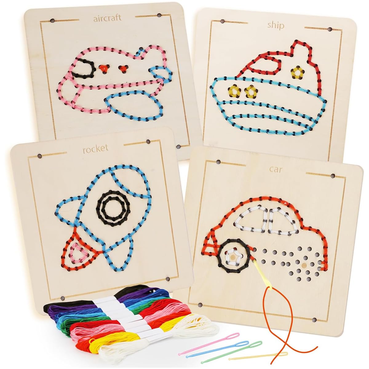 HASTHIP Montessori Wooden Lacing Toys for Fine Motor Development with 4 Boards and 10 Yarns | Educational Sewing Kit for Kids Ages 2–7