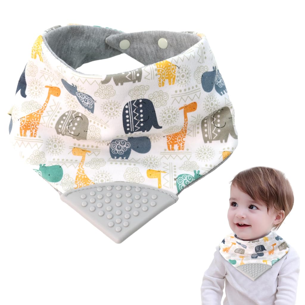 SNOWIE SOFT® Baby Bib Cotton Bandana Bib Adjustable Snap Button Design Teething Bib with Teether Corner Feeding Bib Fashion Print Baby Bib for 6-24 Months