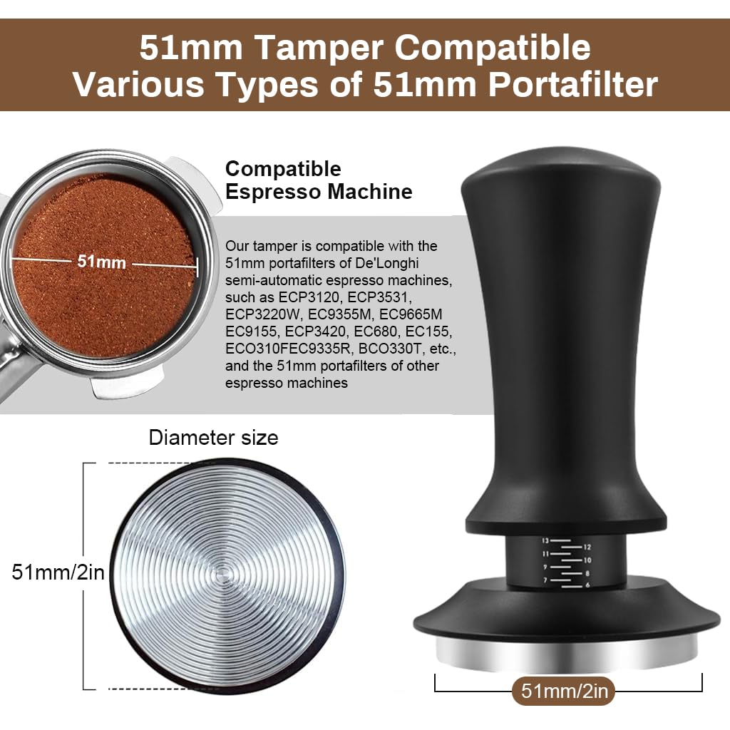 Supvox® 51mm Espresso Tamper Premium Barista Coffee Tamper with Calibrated Spring Loaded, Flat Stainless Steel Base Tamper for Espresso Machine(Black)