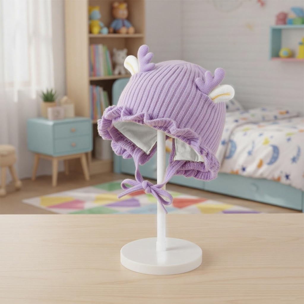 Zibuyu Knitted Baby Deer Antler Hat with Chin Strap for 3–24 Months | Soft Wool Beret