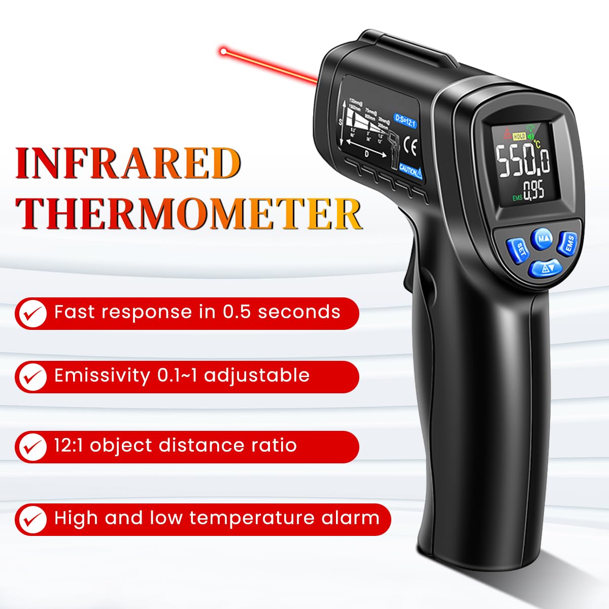 Serplex Infrared Thermometer Gun for Cooking and Industrial Use with Adjustable Emissivity | Measures -50°C to 550°C