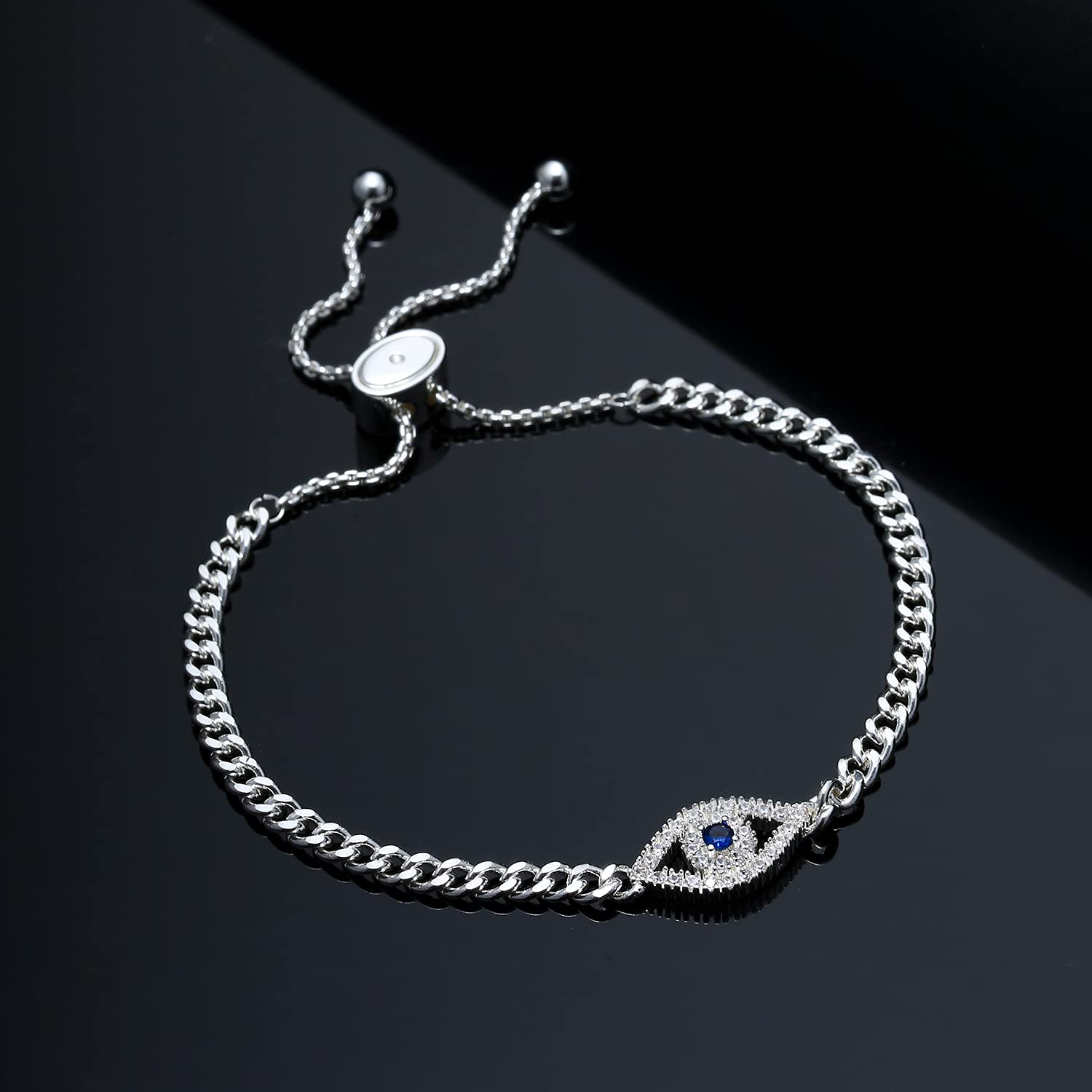 SANNIDHI Evil Eye Bracelet featuring Adjustable Chain and Silver Alloy with Rhinestones | Women Jewelry Gift