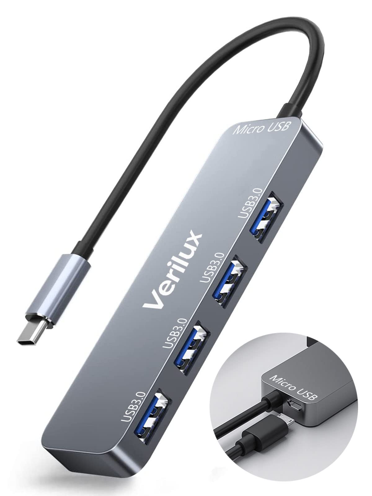 Verilux USB C Hub,USB C Extender with 4-Ports,4 in 1 Multiport USB Hub,Aluminum Alloy,Faster Transmission,USB Hub for Home & Work,Compatible with Most USB C Devices