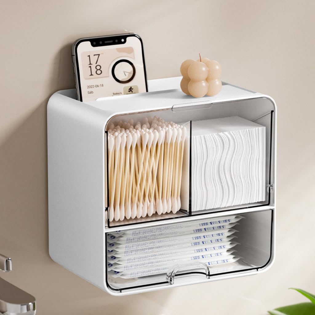 HASTHIP Bathroom Organizer for Cotton Pads and Swabs with Flip Covers 16.3x10.8x17.2 cm | Wall Mounted White Storage Case
