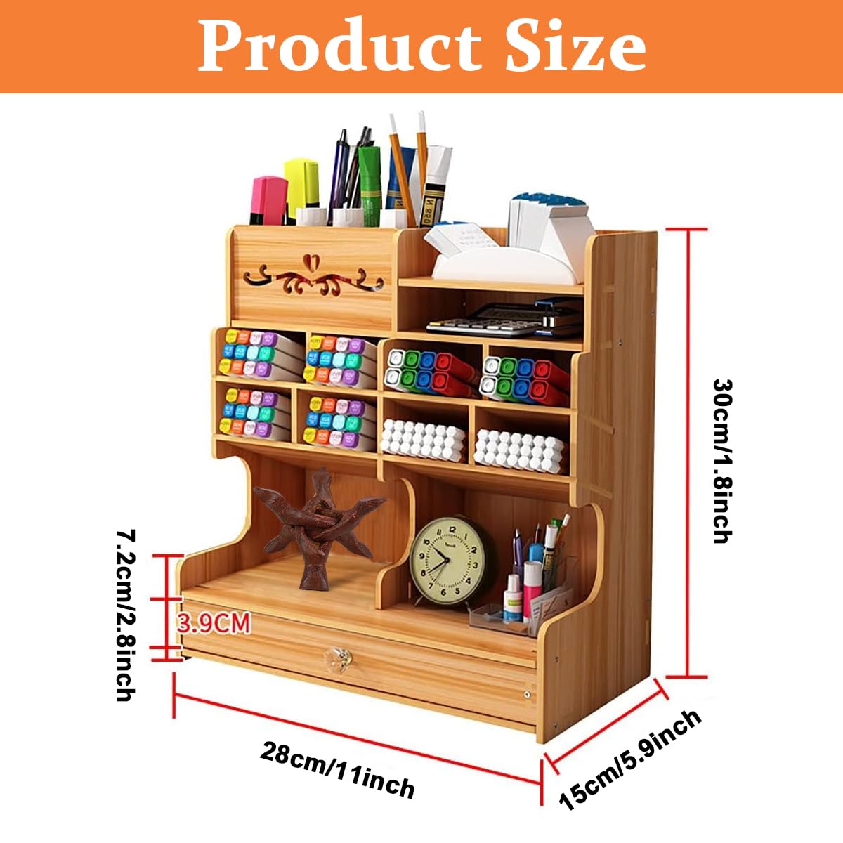 HASTHIP Wooden Desk Organizer for Office Supplies with 30×15×28 cm Storage and Spiral Structure